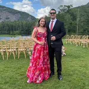 B Darlin Ruffle Pink Long Dress | Wedding Guest, Bright Dress, Floral, Tie Strap